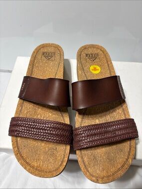Reef Brown Cork Footbed Double-Strap Slide Sandals. EUC